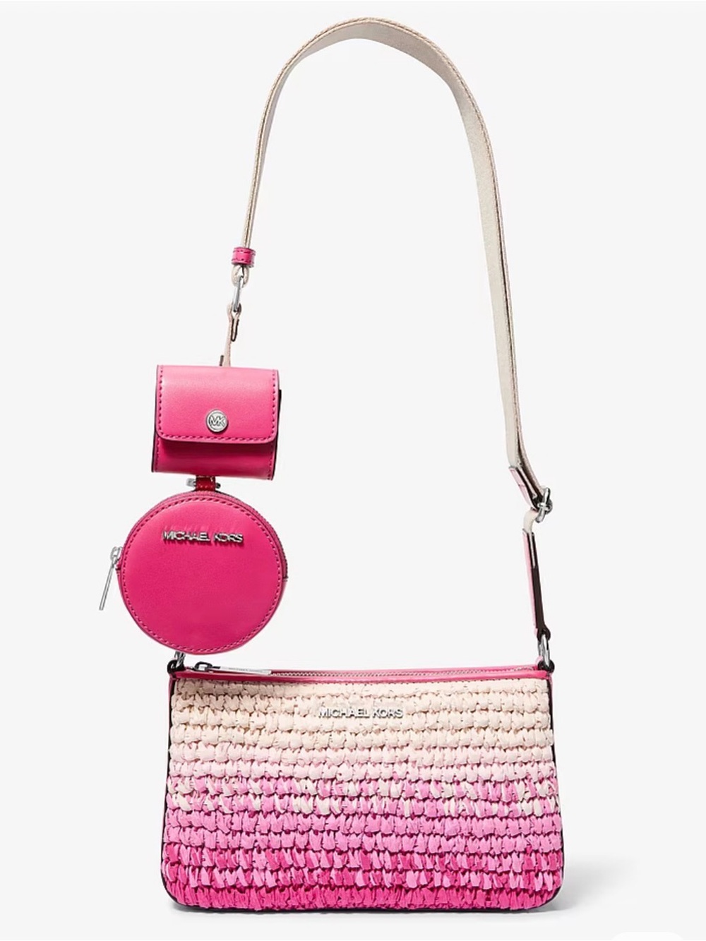 Michael Kors Pink Ombre Raffia Crossbody with Detachable Pouches-NWT